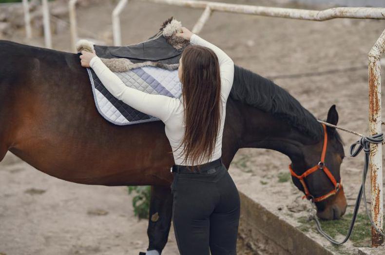 elegantná dievčina farma s koňom